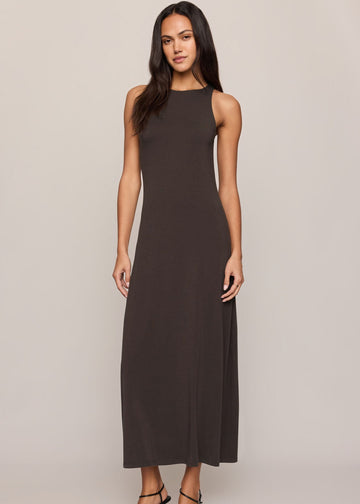 Women’s charcoal brown sleeveless jersey maxi dress with high neck and A-line skirt, available at Ekam boutique Newport Beach