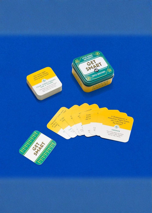 Yellow and green card game with 'Get Smart' text on a blue background