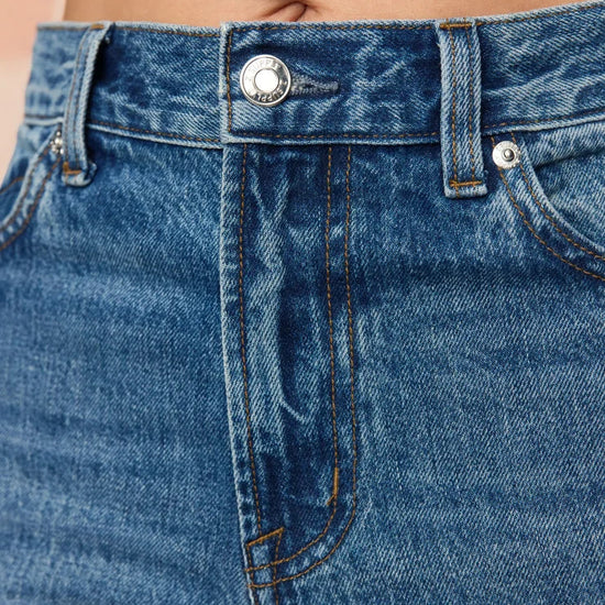 ccloe up view of women’s medium-wash high-rise wide-leg jeans with patch pockets, available at Ekam boutique Newport Beach