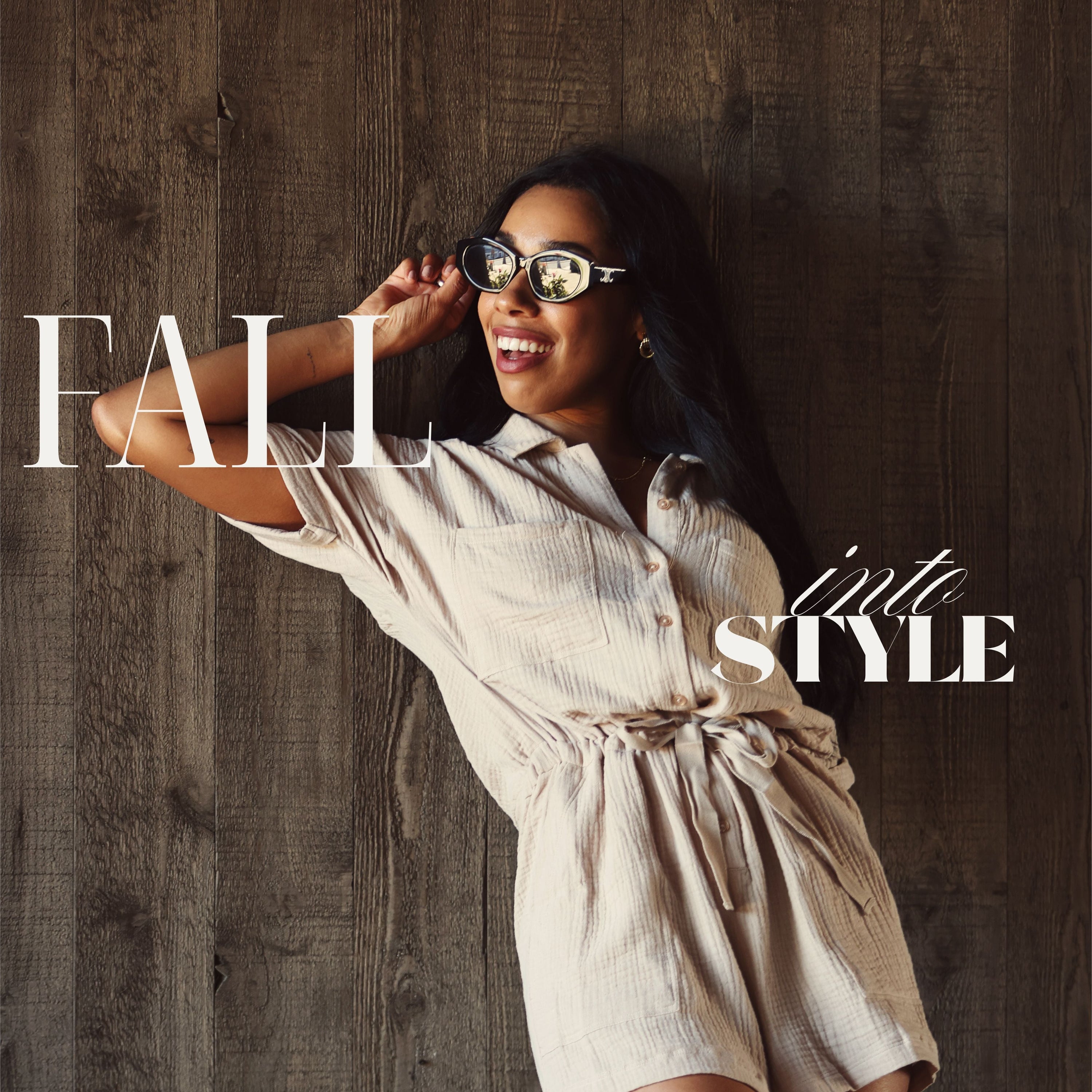 Woman in a beige outfit with sunglasses against a wooden background, text 'Fall into Style' displayed.