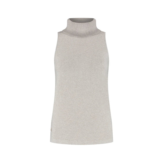 Light gray sleeveless dress with a high collar on a white background