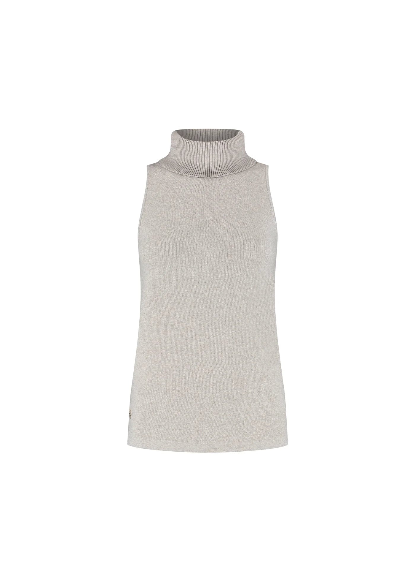 Light gray sleeveless dress with a high collar on a white background