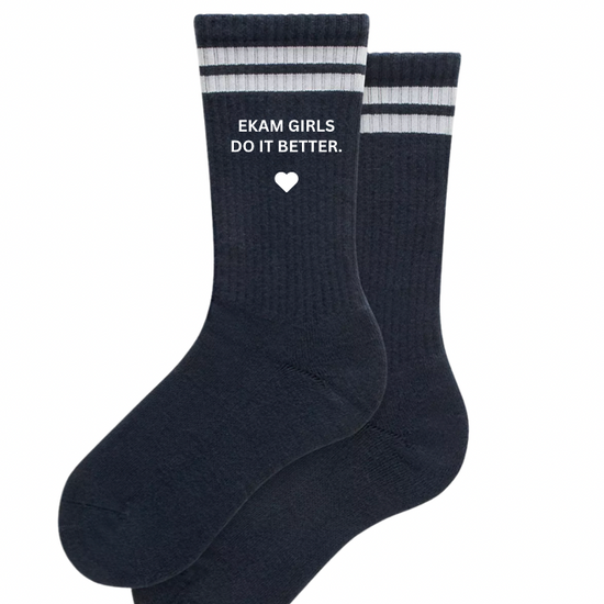 Black socks with white stripes and text on a white background
