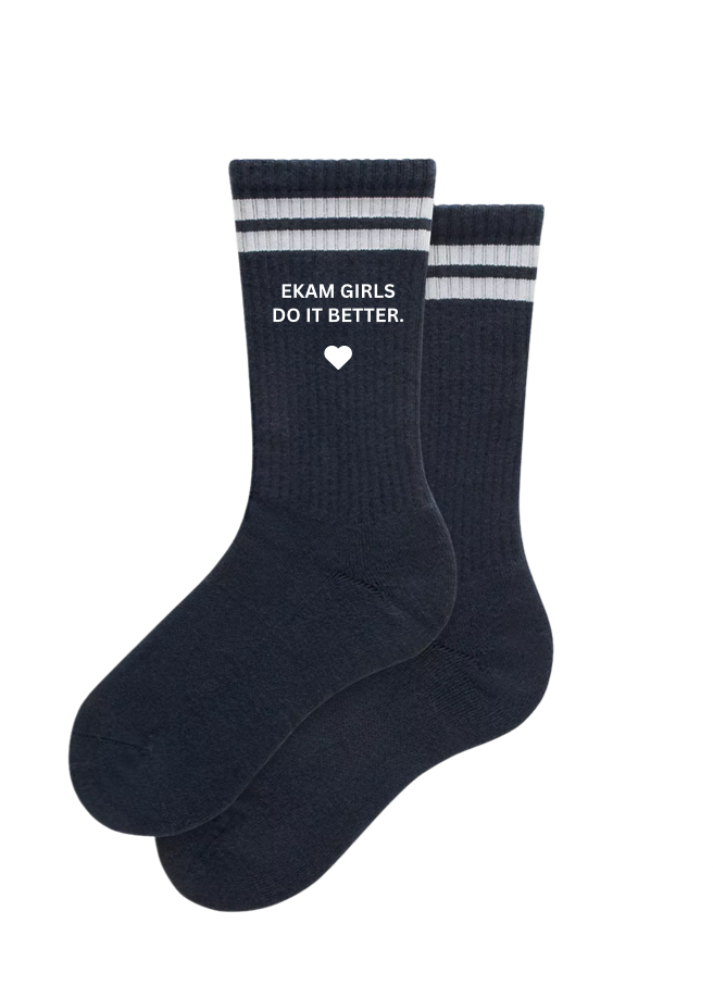 Black socks with white stripes and text on a white background