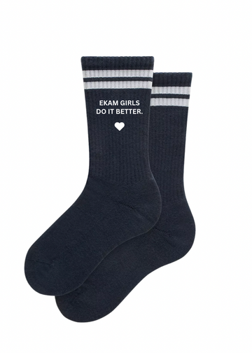 Black socks with white stripes and text on a white background