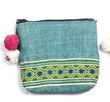 Hemp Boho Coin Purse with Pompoms - Thailand