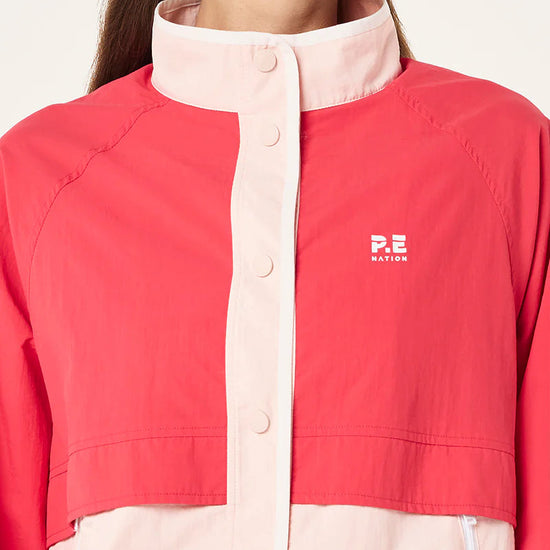 Red and pink jacket with a brand logo on a white background