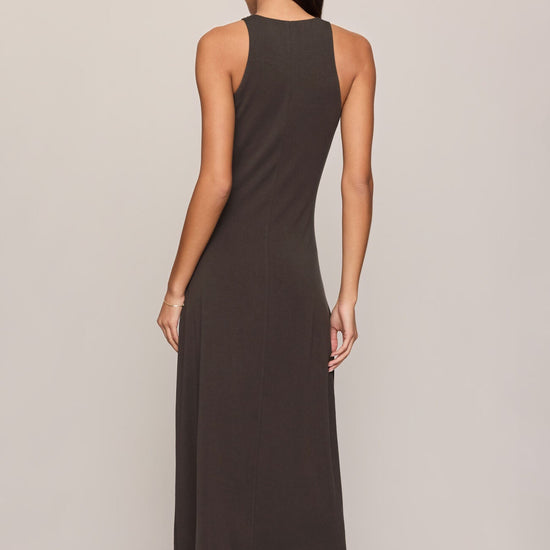Women’s charcoal brown sleeveless jersey maxi dress with high neck and A-line skirt, available at Ekam boutique Newport Beach