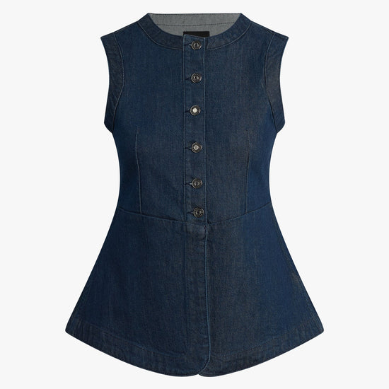 Denim vest with button details on a white background