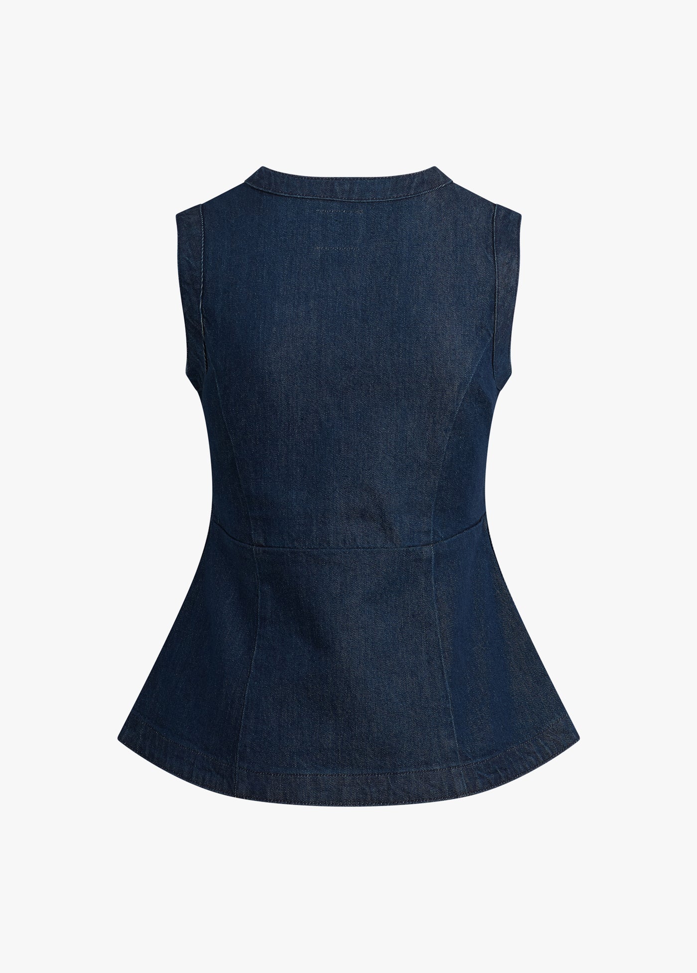 Dark blue denim peplum top on a white background